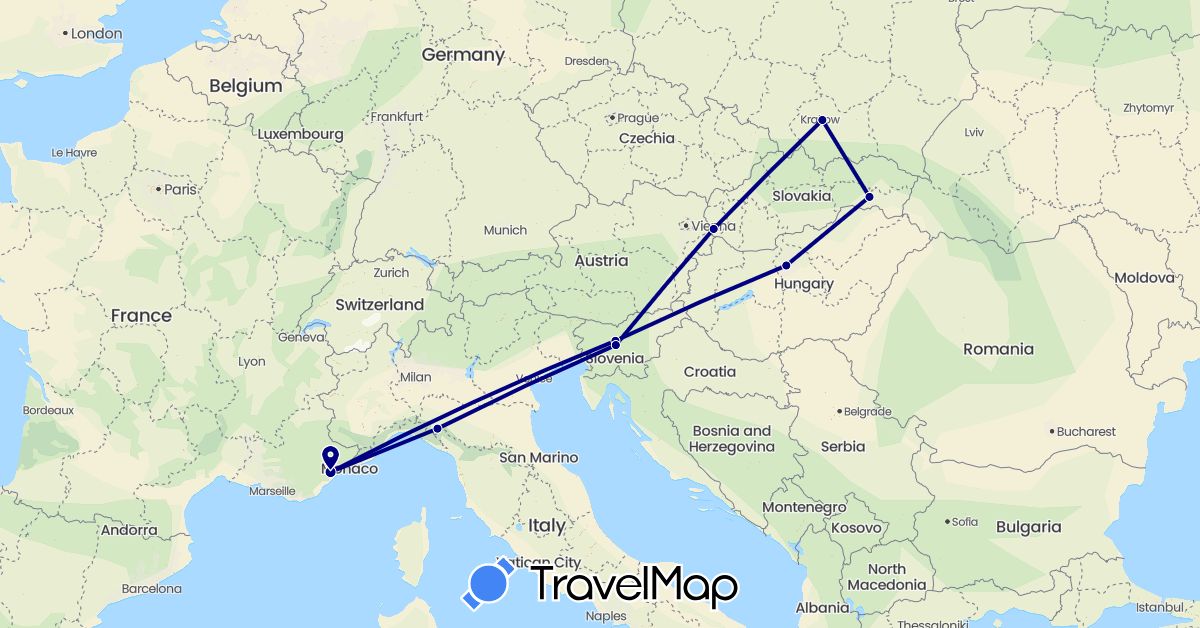 TravelMap itinerary: driving in France, Hungary, Italy, Poland, Slovenia, Slovakia (Europe)