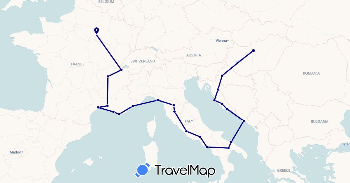TravelMap itinerary: driving in Switzerland, France, Croatia, Hungary, Italy (Europe)